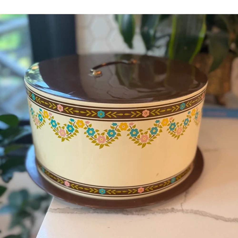 Vintage 1960s Ballonoff Metal Cake Carrier Brown Cream Floral Tin Retro Kitchen
